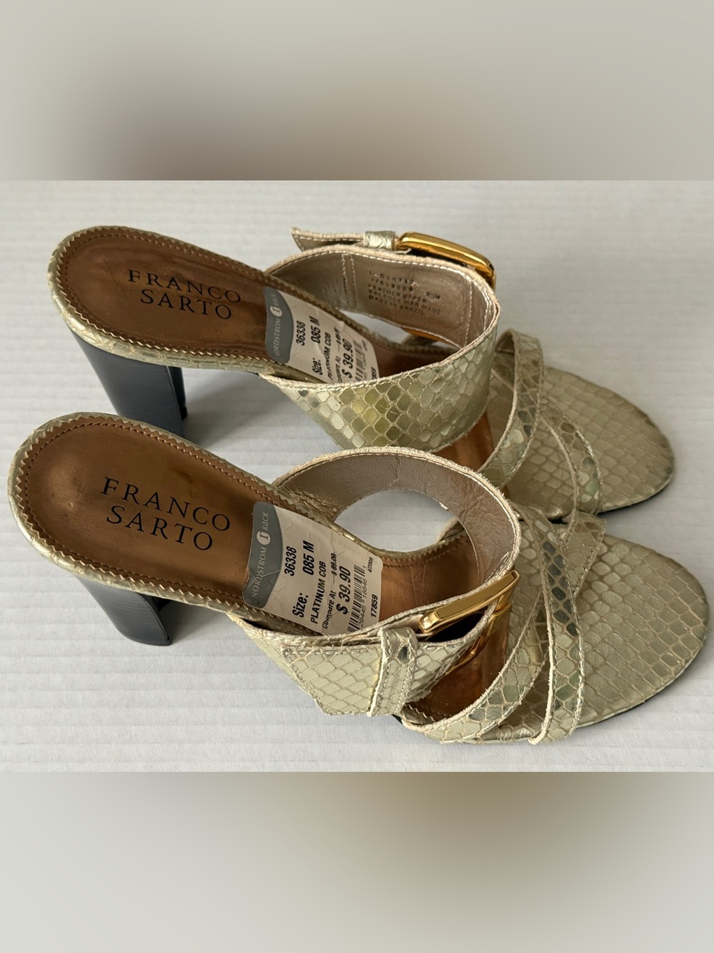 Franco Sarto Gold Snakeskin Print Sandals Strappy Block Heels Women's Size 8.5M